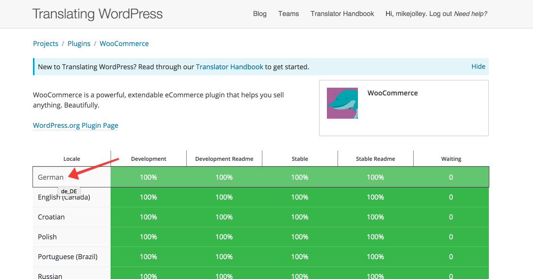 screenshot of WooCommerce translation page on wordpress.org