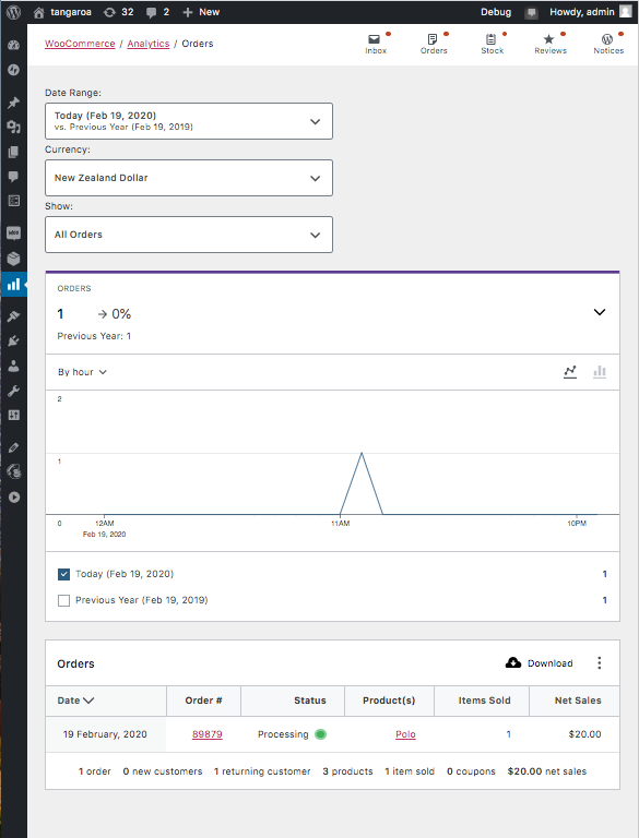 screenshot of WooCommerce Orders tab in wp-admin showing the relevant order reflected in the table.